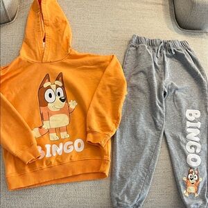 Kids Orange Hoodie & Gray Joggers Set with Bingo Graphic